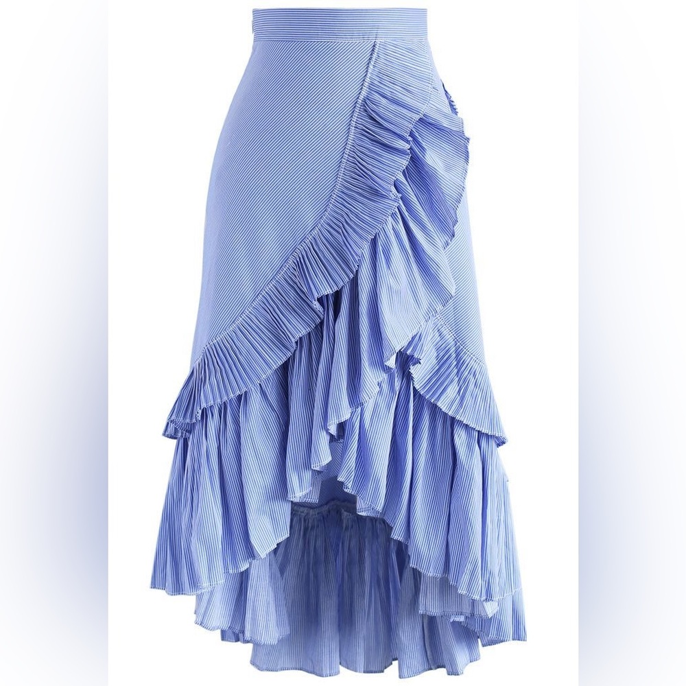 Applause of ruffle tiered drill hem skirt in blue stripes